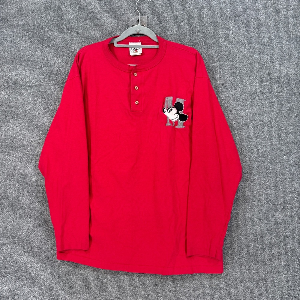 Mickey & Co Henley Shirt Adult Large Red Embroidered Vintage Varsity Disney